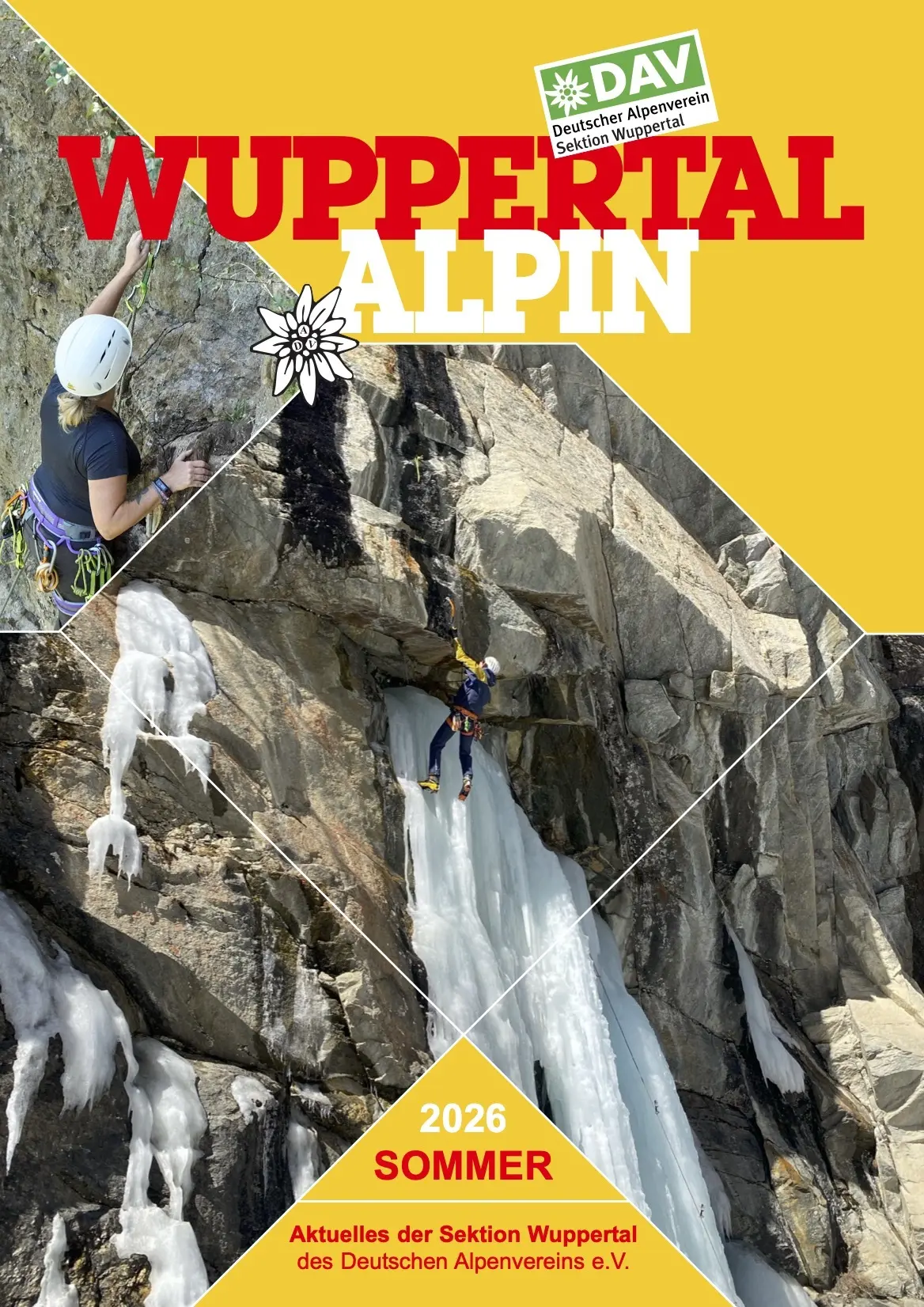 Titelbild der Sektionszeitschrift auf der ein Eißkletterer sowie eine Sportkletterin zu sehen sind. | © Michael Friedrichs / DAV Wuppertal